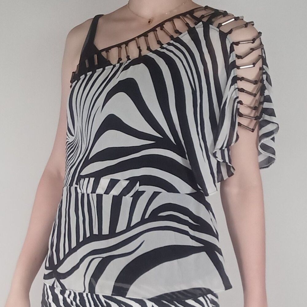 Y2k Vintage Repaired Zebra Print One Shoulder Top